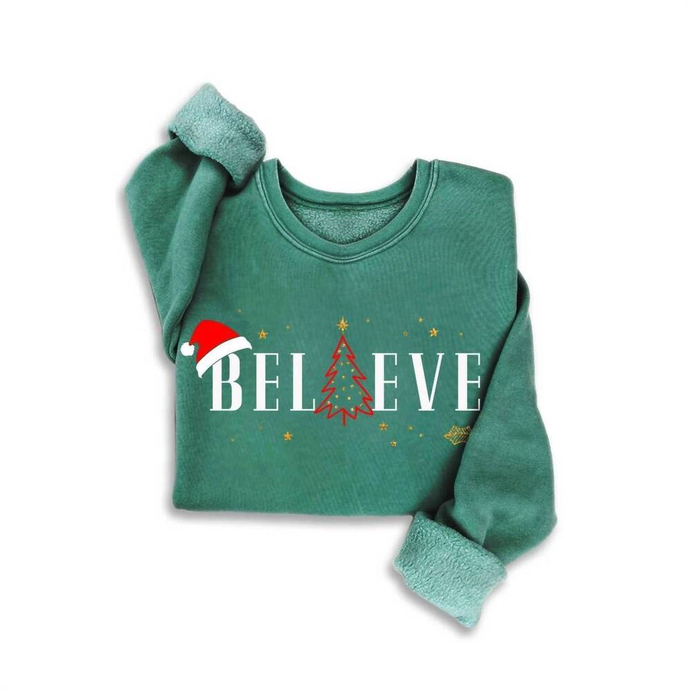 NEW HRT & LUV women's holiday believe glitter mineral sweatshirt in dusty green